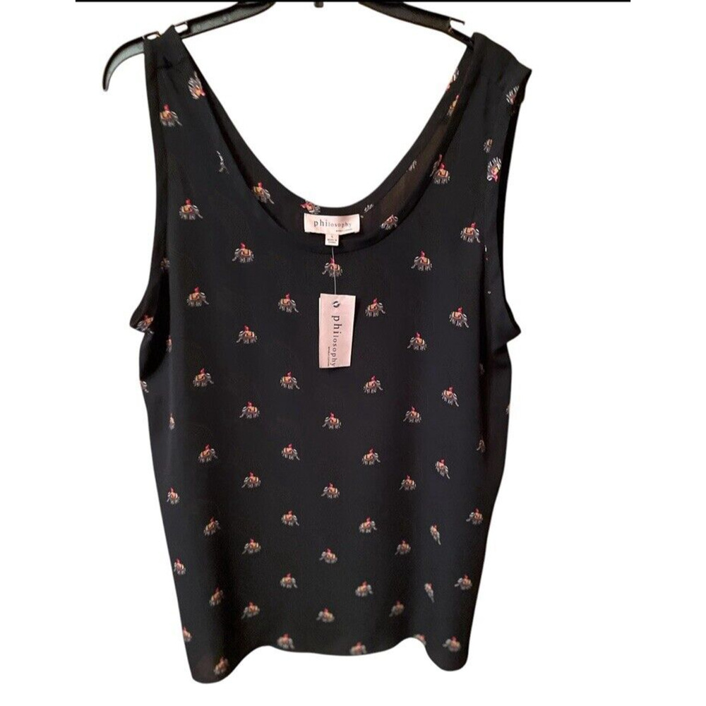 Woman’s Size Large Philosophy V-Neck Tank Top Elephant Print Black Red Gold NWT